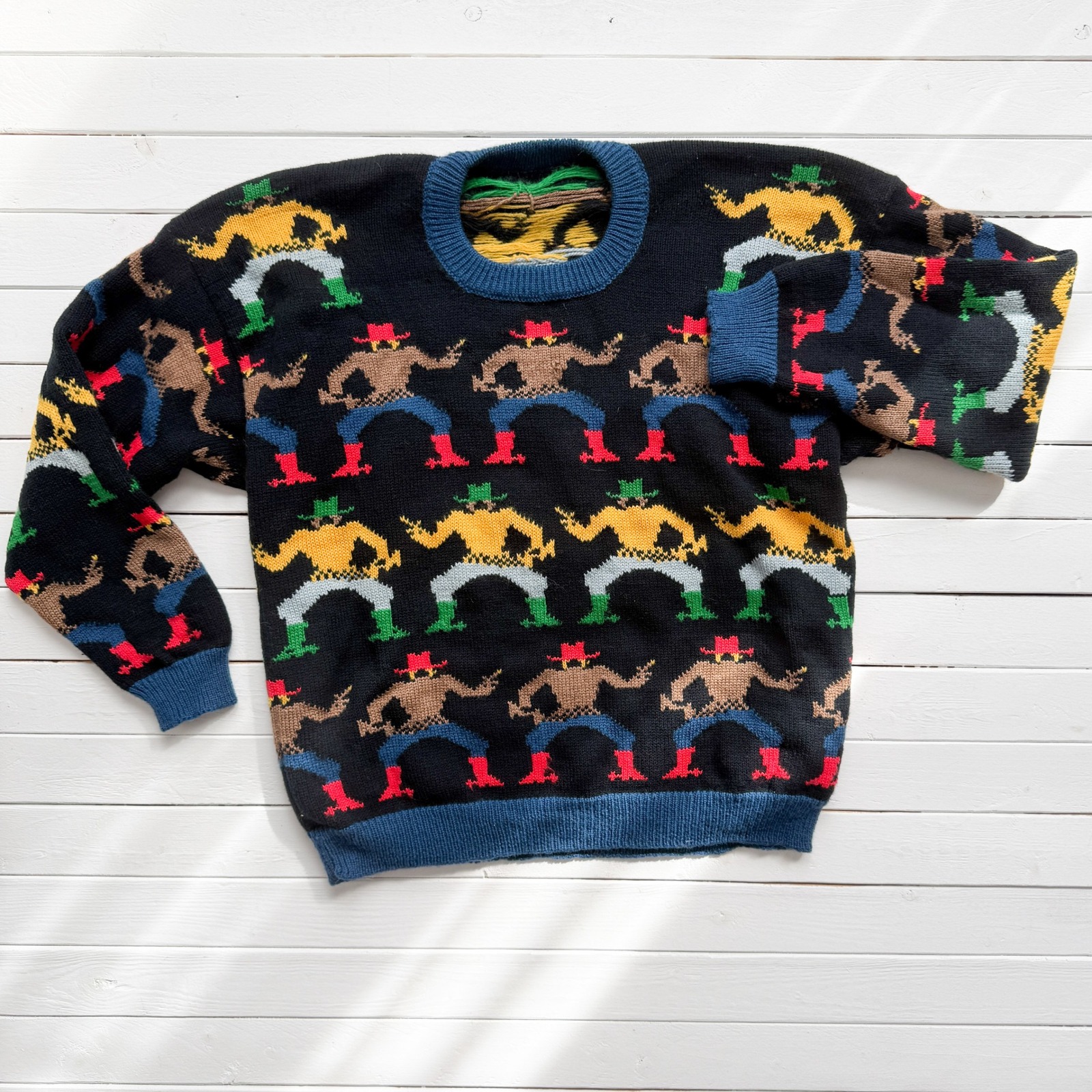 Vtg Black Western Cowboy Novelty Print Wool Sweater Size M